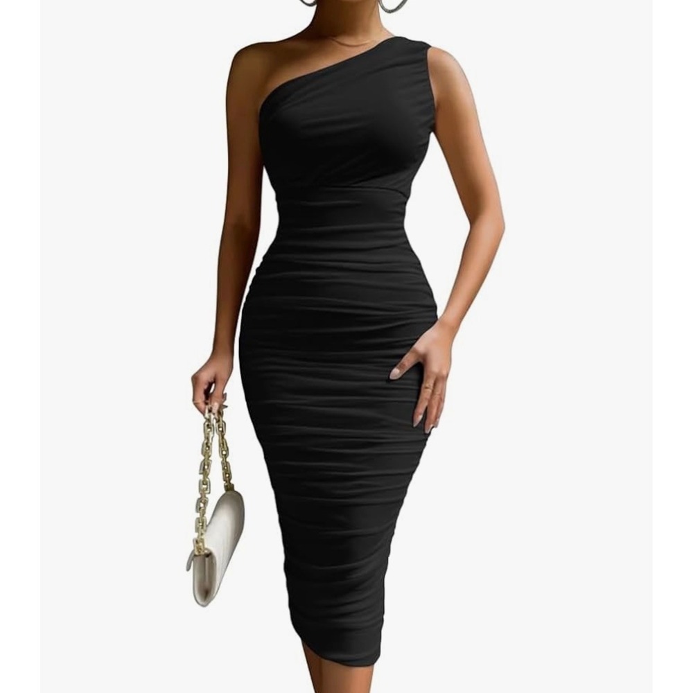 LAGSHIAN Sexy Bodycon One Shoulder Ruched Midi Club Party Dress Women's Size S